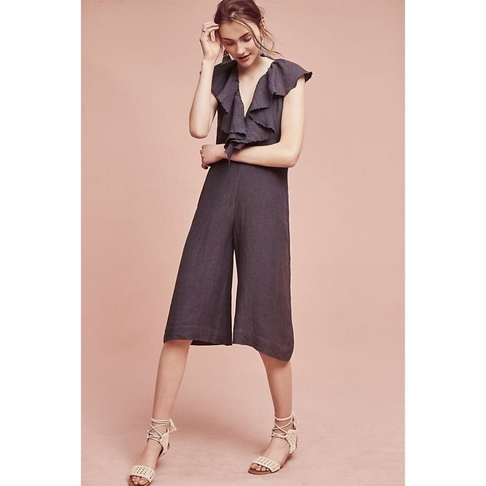 MARIA STANLEY Gray Linen Blend Cascada Cropped Ruffle Jumpsuit Size XS NWOT
